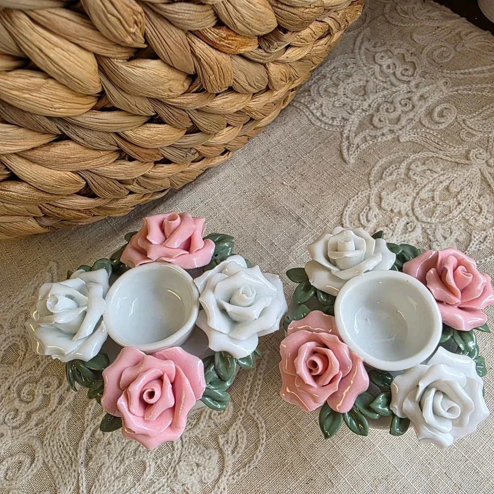 Porcelain Rose Taper Candle Holders Set of 2 Pink White Floral Cottagecore